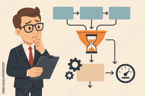 Businessman analyzing workflow process bottlenecks and time management for productivity improvement. Cartoon vector shows project optimization, process mapping, efficiency, system capacity analysis