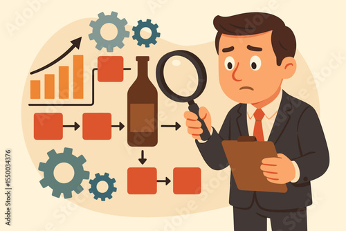 Cartoon businessman analyzing workflow bottlenecks, process optimization, productivity improvement, system efficiency, flowchart, process management, vector illustration, business analysis