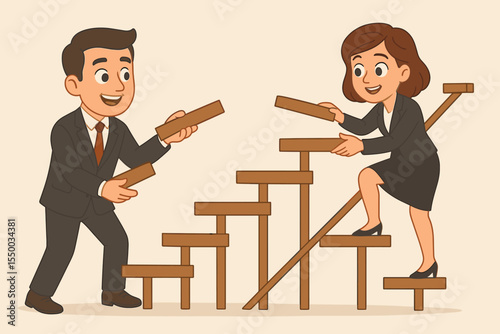 Teamwork business concept. Cartoon businessman and businesswoman building career ladder together. Collaboration, partnership, support, professional growth, leadership, success. Vector illustration.