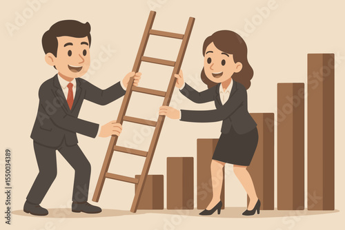 Teamwork and Collaboration for Career Success. Businessman and Businesswoman Building Ladder Together. Gender Equality, Partnership, Professional Growth, Climbing Corporate Ladder, Vector Illustration