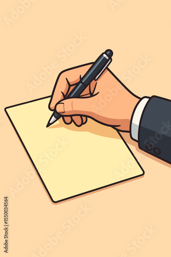 Businessman hand holding pen writing on blank pastel paper, cartoon vector illustration. Office worker making notes, signing documents, copy space, business communication, planning concept