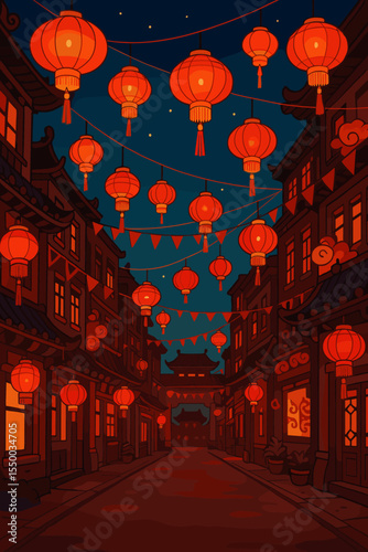 Vibrant Chinese New Year Lanterns Illuminating Traditional Asian Street at Night, Festive Decorations, Lantern Festival, Colorful Cartoon Vector, Chinatown Celebration, No Text, Holiday Atmosphere