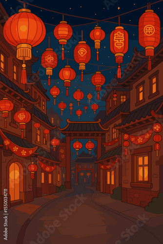 Vibrant Chinese New Year Lantern Festival in Traditional Chinatown Street at Night. Red Lanterns Hanging, Festive Decorations, Illuminated Architecture, Celebration Atmosphere. Vector Illustration