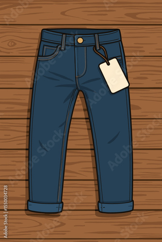 Classic blue denim jeans with blank price tag on rustic wooden floor, casual fashion apparel, rolled cuffs, pocket detail, retail clothing concept, vector illustration, no text elements