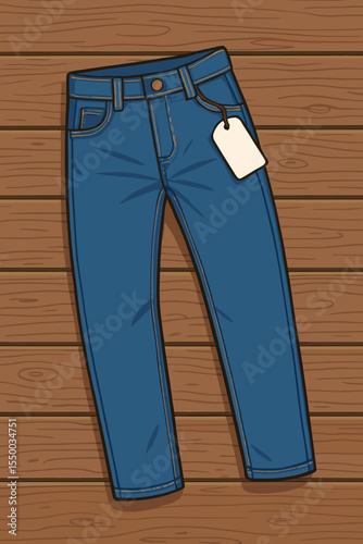 Classic blue denim jeans with blank white tag on rustic wooden background. Casual fashion concept. Vector cartoon illustration for clothing, apparel, retail, shopping, and store promotion design