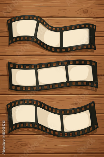 Vintage film strips on rustic wooden background. Curved blank movie reel frames. Nostalgic retro cinema, photography and filmmaking concept. Vector cartoon illustration for creative media design