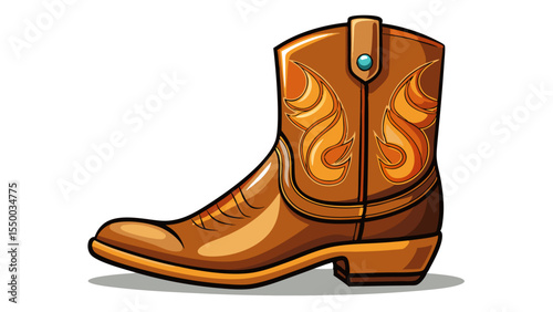 A man’s cowboy boot with rich tan leather stands tall. The crisp white background highlights the square toe silhouette—elegant, strong, and quietly rooted in western heritage.

