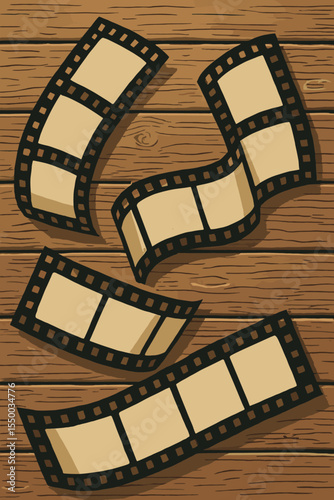 Vintage Movie Film Strips on Rustic Wooden Background, Cinematic Nostalgia, Classic Retro Film Reel, Blank Frames, Old Cinema History, Vector Illustration, No Text, Artistic Movie Theme