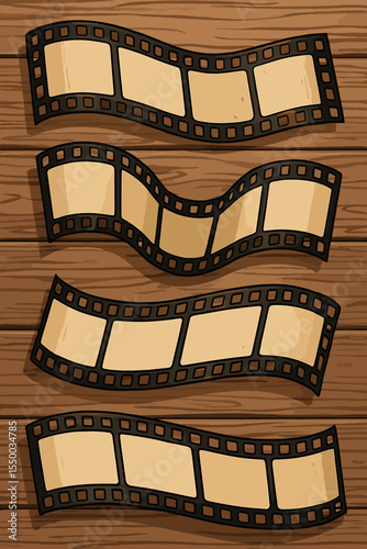 Vintage Film Strips on Wooden Background. Curved Classic Movie Reel Frames. Retro Cinema Nostalgia. Filmstrip Template. Old Film Effect. Cartoon Vector Illustration. Photography Design Element.