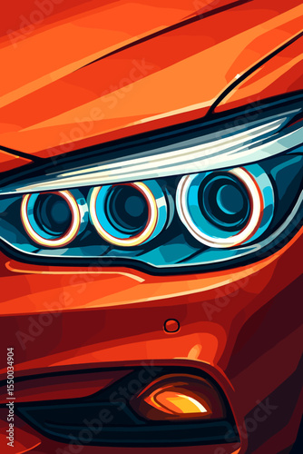 Modern car front detail highlighting vibrant LED headlights, innovative automotive lighting, sleek red bodywork, futuristic style, close-up vector illustration, luxury vehicle design concept