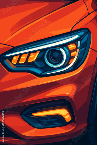 Modern car headlight close-up vector illustration. Vibrant orange auto front light design, innovative automotive style, LED technology, sleek detail, futuristic vehicle concept art