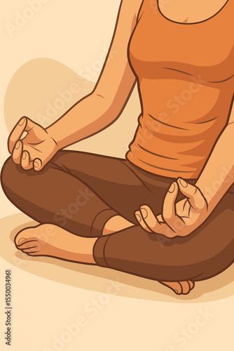 Woman meditating in lotus yoga pose, close-up hands in Gyan mudra, mindfulness practice, relaxation, self-care, healthy lifestyle, cartoon vector illustration, no text, tranquil background