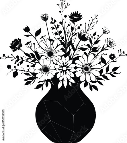 Elegant black and white flower vase with detailed floral bouquet vector illustration for decor