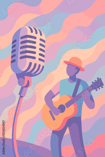 Vibrant abstract vector illustration of musician playing acoustic guitar and singing into retro microphone on colorful pastel stage. Modern music performance, concert, festival creative background
