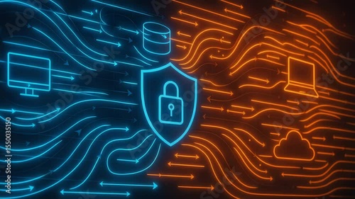 This digital security illustration showcases a compelling blend of blue and orange lines representing data flow, alongside protective lock symbols, highlighting cybersecurity conce