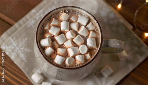 Cozy hot chocolate topped with marshmallows on a winter evening at home