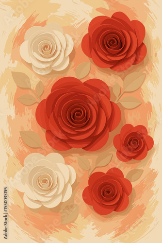 Elegant Red and White Paper Flowers Arrangement on Artistic Watercolor Background. 3D Floral Craft Design. Decorative Vector Illustration for Invitations, Wall Art, Scrapbooking, Home Decor