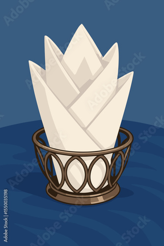 Elegant restaurant table setting with folded white napkins in a metal basket. Fine dining ambiance concept. Paper napkins on a blue tablecloth. Catering and service vector illustration.