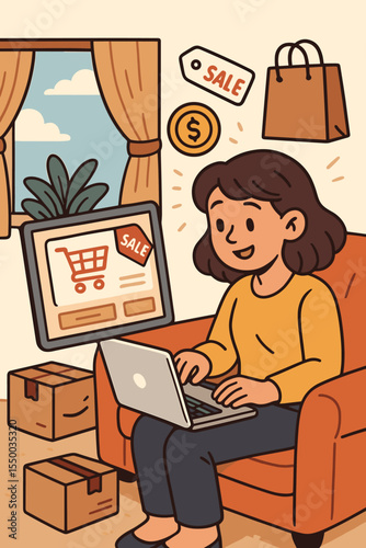 Woman Enjoys Online Shopping at Home with Laptop During Sale Event, E-commerce Discounts, Fast Delivery Boxes, Happy Customer, Cozy Living Room, Modern Digital Retail Concept Vector