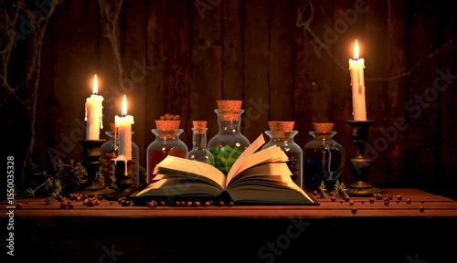Mysterious alchemy setup with candles and open book in dark setting