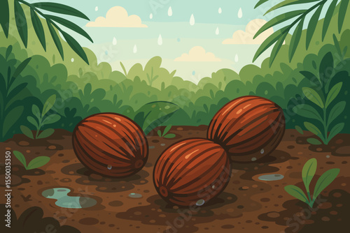 Tropical palm seeds on wet soil after rainfall in lush green jungle, nature growth and germination concept, exotic seedling sprouting, rainy season, vector cartoon illustration, no text