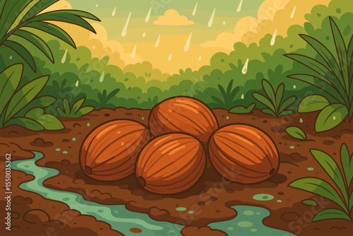 Tropical palm seeds on wet soil after rainfall in lush jungle landscape, cartoon vector illustration. Nature regeneration, rainforest environment, monsoon climate, reforestation, ecosystem growth