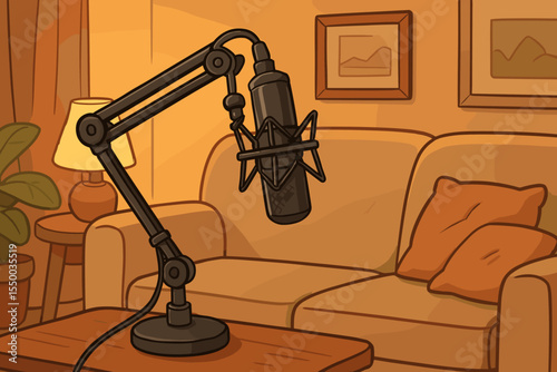 Podcast recording studio microphone on boom arm in cozy living room. Vector cartoon illustration of professional audio equipment setup for radio, streaming, interviews, broadcasting, content creation