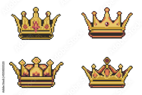 Four Pixel Art Crowns in Gold and Reddish Brown Tones