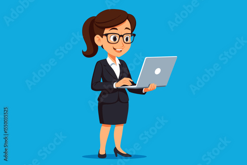 Professional Businesswoman Using Laptop Computer, Female Office Worker in Black Suit, Corporate Woman Typing on Laptop, Modern Technology, Digital Work Concept Vector Cartoon Illustration
