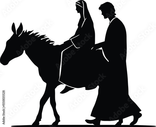 Mary and Joseph on donkey Christmas Nativity journey black silhouette vector illustration