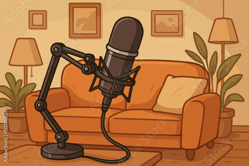 Podcast studio home setup. Professional microphone with boom arm on sofa in cozy living room interior. Cartoon vector illustration. Audio recording, voiceover, video blogging, broadcasting workspace
