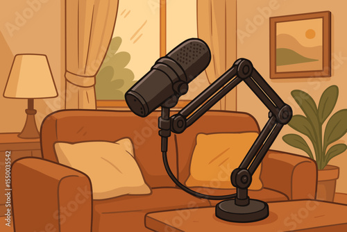 Cartoon podcast studio interior with professional microphone on adjustable arm, cozy living room sofa, cushions, lamp, window, indoor plant, home broadcasting, recording equipment vector illustration