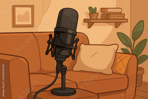 Cozy Home Podcast Studio Interior with Professional Microphone on Sofa, Warm Living Room Decor, Modern Audio Recording Setup, Vector Cartoon Illustration for Broadcasting and Content Creation