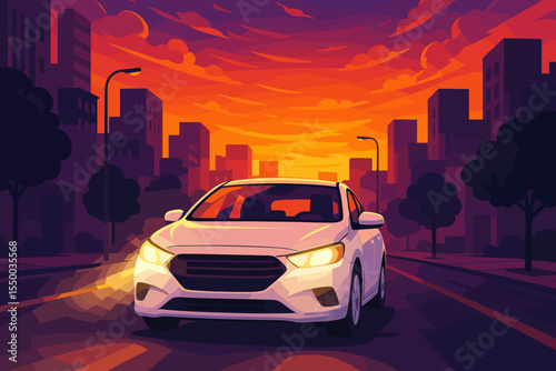 Modern white sedan car driving on city street at sunset with glowing headlights, urban skyline, dramatic sunset sky, vibrant cityscape background, vector cartoon illustration, no text