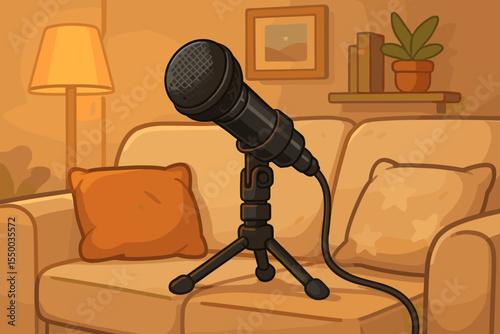 Cozy Home Podcast Studio Cartoon. Microphone on Sofa with Tripod Stand. Warm Living Room Interior. Vector Illustration for Recording, Broadcasting, Streaming, Remote Interview, Audio Content Creation