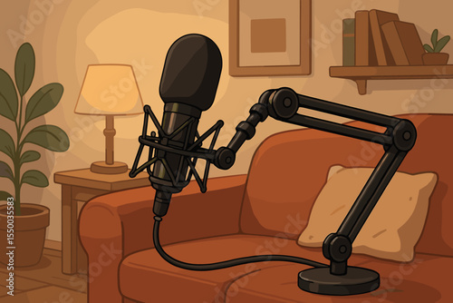 Podcast microphone on adjustable arm in cozy living room interior. Home studio setup for recording, broadcasting, streaming. Sofa, lamp, books, houseplants. Vector cartoon illustration concept