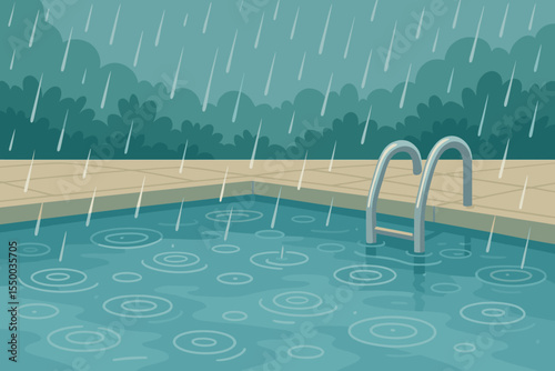 Rainfall Over Swimming Pool Surface, Calm Water Ripples, Poolside Ladder, Greenery Background, Tranquil Outdoor Scene, Relaxation, Peaceful Weather, Vector Cartoon Illustration