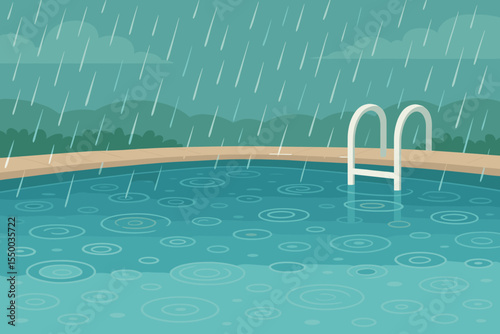 Rain Falling on Peaceful Outdoor Swimming Pool, Serene Water Surface with Raindrop Ripples, Calm Rainy Weather, Tranquil Nature Landscape, Vector Cartoon Illustration