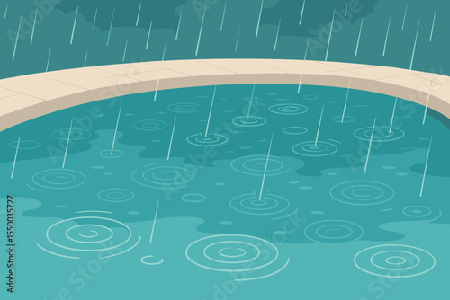 Rainfall on Calm Swimming Pool Surface, Peaceful Water Ripples, Tranquil Outdoor Scene, Relaxing Rainstorm, Summer Weather, Serene Vector Illustration, Poolside Rainy Day