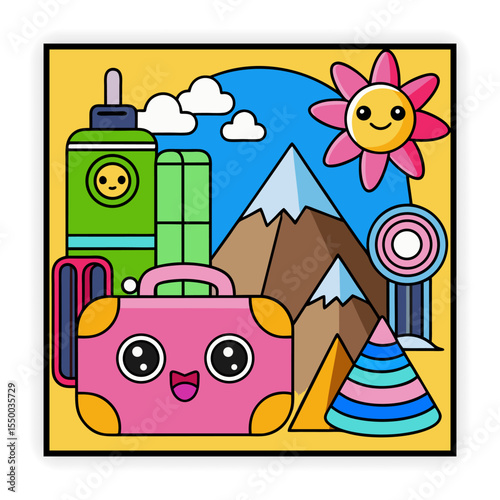 Tourist Attractions and Travel Gear Vector Set