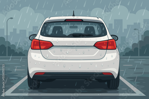 White hatchback car rear view in rainy urban city parking lot, vector illustration. Raindrops on vehicle, wet asphalt, cityscape background, bad weather driving, transportation safety concept
