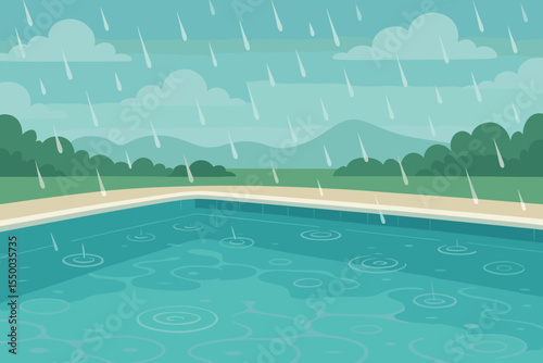 Rainfall Over Outdoor Swimming Pool, Peaceful Nature Landscape, Raindrops Creating Ripples in Water, Calm Poolside, Serene Weather, Vector Cartoon Illustration, No Text, Tranquil Summer Scene
