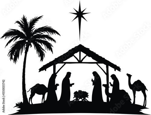 Christmas Nativity Scene Silhouette Vector - Bethlehem Holy Family and Wisemen SVG