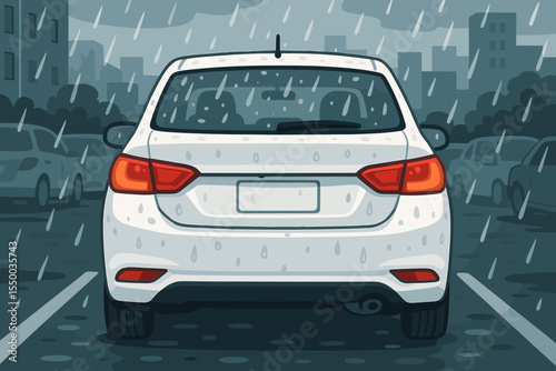 Rear view white sedan car in city parking lot during heavy rain, wet road, raindrops on vehicle, downtown urban street, bad weather, cartoon vector illustration, transportation concept