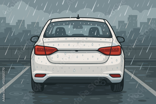 Rear view white sedan car in rainy urban parking lot. Modern vehicle with raindrops on body, cityscape background, storm, overcast sky. Vector cartoon illustration for weather, transportation concept
