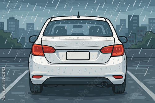 Rear view of white sedan with rain drops in city parking lot, urban landscape background, rainy weather, parked car illustration, cartoon vector, cityscape, wet asphalt, overcast sky