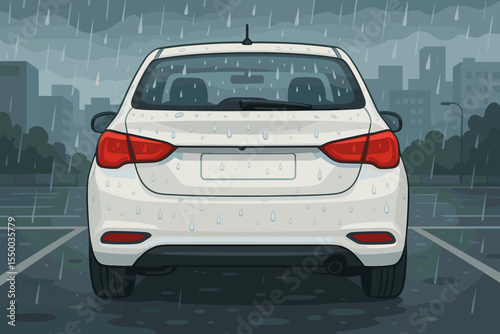 Rear view white sedan car in rain urban parking lot. Vector illustration wet vehicle rainy weather city street. Automobile transportation back view stormy cloudscape droplets cartoon