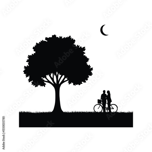 Romantic couple silhouette under a starry night sky with a large tree