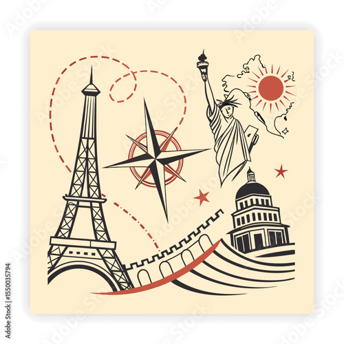 Tourist Attractions and Travel Gear Vector Set