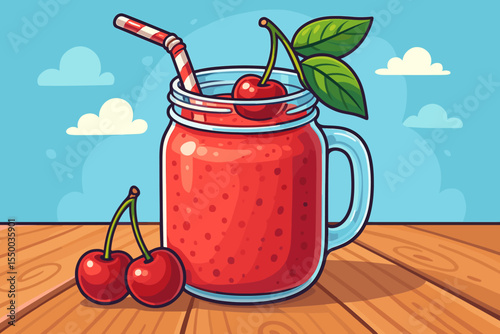 Vibrant cherry smoothie in mason jar with straw and leaves, fresh cherries on wooden table, summer drink concept, healthy fruit beverage, vector cartoon illustration, no text, sky background